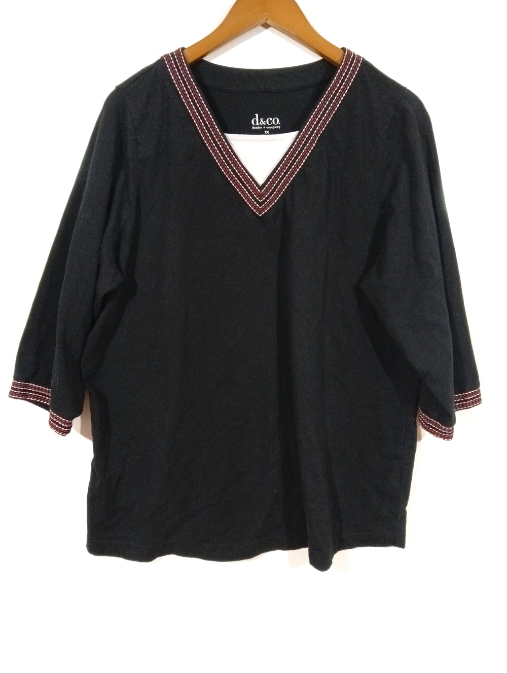 d&co Black V-Neck Top With Burgundy Embroidered Trim